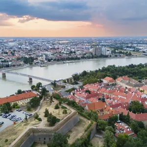 Aerial view of Petrovaradin fortress and Danube river in Novi Sad Serbia with city skyline Aerial view of Petrovaradin fortress and Danube river in Novi Sad Serbia with city skyline