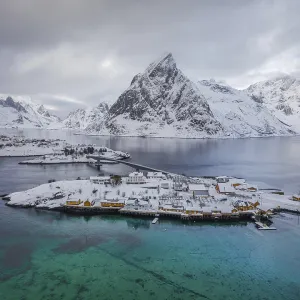 Aerial view, place Hamnoy in winter