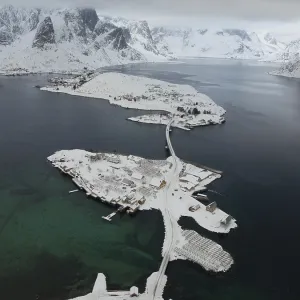 Aerial view, place Reine with islands in winter