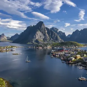 Aerial view Reine, Reinefjord with mountains Aerial view Reine, Reinefjord with mountains