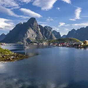 Aerial view Reine, Reinefjord with mountains