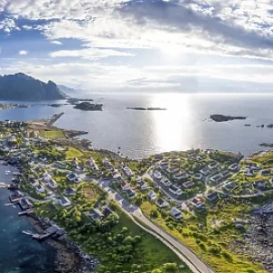 Aerial view Reine, Reinefjord with mountains Aerial view Reine, Reinefjord with mountains