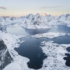 Aerial view, Reinefjord with snowy mountains
