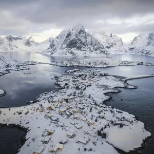 Aerial view, Reinefjord with snowy mountains