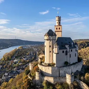 Aerial view of the Rhine Valley with the Marksburg Castle