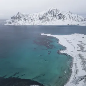 Aerial view, snowy beach, coast, Flakstad, Norway