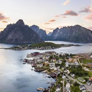 Aerial view, sunset at Reinefjord with mountains