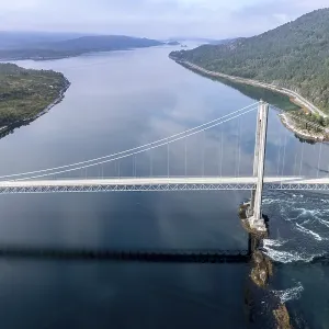 Aerial view of suspension bridge over fjord Efjord