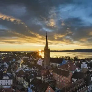 Aerial view of the town of Radolfzell on Lake Constance with the Radolfzell Minster at sunrise