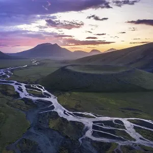 Aerial view, volcanic crater, interlaced river Aerial view, volcanic crater, interlaced river