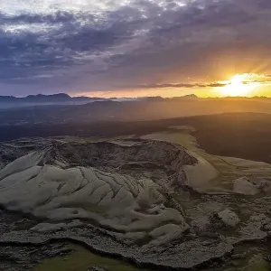 Aerial view, volcanic crater at sunset Aerial view, volcanic crater at sunset