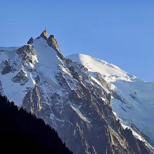 Aiguille du Midi, snow-covered Mont-Blanc on the right in the background