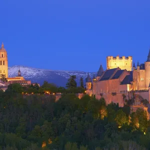 Alcazar fortress and cathedral at dusk