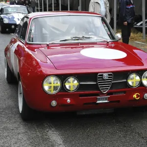 An Alfa Romeo classic car in racing livery with starting number on the side An Alfa Romeo classic car in racing livery with starting number on the side