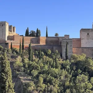 Alhambra fortress on hill with cypresses