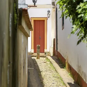 Alley with old houses in colonial architecture and cobbled street in the city of Tiradentes Alley with old houses in colonial architecture and cobbled street in the city of Tiradentes