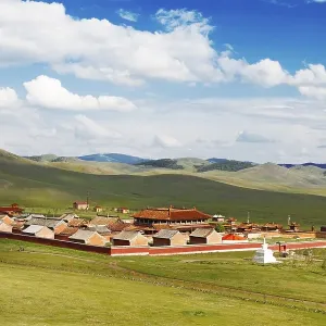 Amarbayasgalant Monastery in green grass landscape