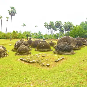 Ancient dagobas or stupas seen in middle of an archeolgical site thought to be an old Kadurugoda monastery in Chunnakam