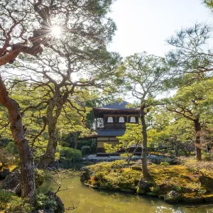 Artfully designed Japanese garden with pond and silver pavilion ginkaku Artfully designed Japanese garden with pond and silver pavilion ginkaku