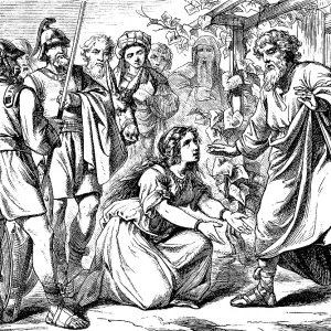 Ascha kneels in front of her father Caleb and said