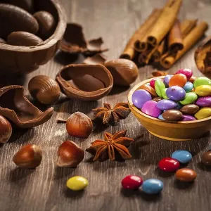 Assorted chocolate eggs for Easter on wooden background