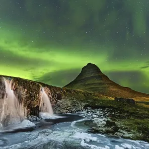 Aurora Borealis, Kirkjufellsfoss with Mount Kirjufell Aurora Borealis, Kirkjufellsfoss with Mount Kirjufell