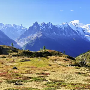 Autumnal landscape with snow-covered Mont Blanc massif in the background Autumnal landscape with snow-covered Mont Blanc massif in the background