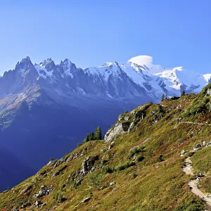 Autumnal landscape with snow-covered Mont Blanc massif in the background