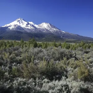 Barren landscape and Mount Shasta double crater in the backgorund at Lava Beds National Monument