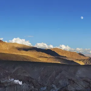Basgo Gompa (Tibetan Buddhist monastery) and Himalayan landscape on sunset and moonrise