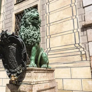 Bavarian Lion Statue at Munich Residence Palace in Odeonplatz