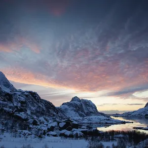 Bay, winter landscape with evening sky Bay, winter landscape with evening sky