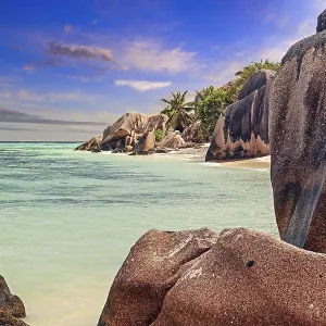 Beach and granite rocks at the dream beach Source d'Argent Beach and granite rocks at the dream beach Source d'Argent