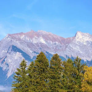 Beautiful Autumn Tree and Mountain and Blue Sky in a Sunny Day in Bad Ragaz Beautiful Autumn Tree and Mountain and Blue Sky in a Sunny Day in Bad Ragaz
