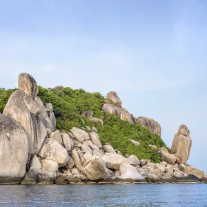 Beautiful nature landscape group exotic rock of Buddha Point at cape near John-Suwan viewpoint under the blue sky