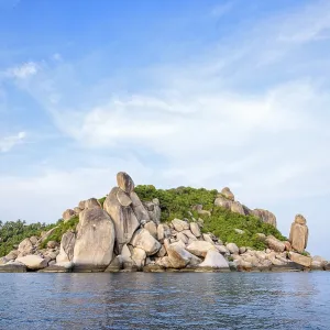 Beautiful nature landscape group exotic rock of Buddha Point at cape near John-Suwan viewpoint under the blue sky