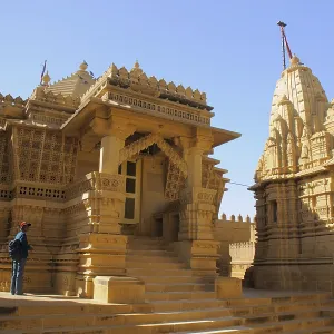 Beautifully carved Jain temple complex made by sandstones at Amarsagar Lake away from Jaisalmer