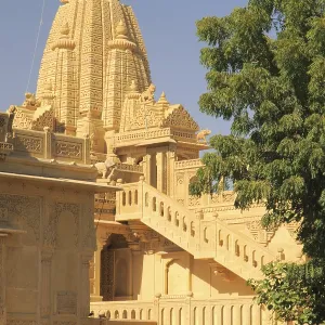 Beautifully carved Jain temple complex made by sandstones at Amarsagar Lake away from Jaisalmer
