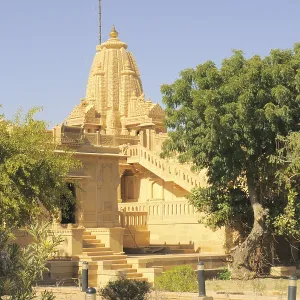 Beautifully carved Jain temple complex made by sandstones at Amarsagar Lake away from Jaisalmer