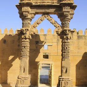 Beautifully carved pillars at entrance of Jain temples made by sandstones at Lodurva