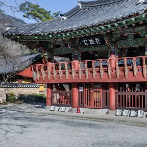 Bell and drum pavilion on sunny autumn day at Buddhist temple
