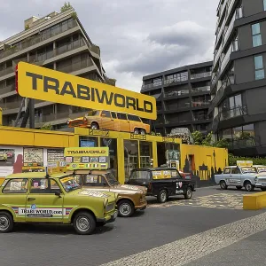 Berlin, Germany - July 24, 2023: Classic Trabant cars at museum Trabiworld in Berlin in Germany Europe