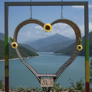 Big heart next to water reservoir artificial lake Zhinvali in Georgia