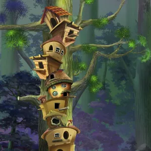Birdhouses on a big tree in a pine forest Birdhouses on a big tree in a pine forest