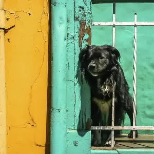 Black dog looking through the gap on the balcony of a yellow and green building in Chile