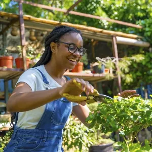 Black ethnic woman with braids gardener working in the nursery in the greenhouse happy cutting the bonsai Black ethnic woman with braids gardener working in the nursery in the greenhouse happy cutting the bonsai