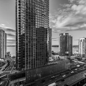 Black and white cityscape with tall skyscrapers