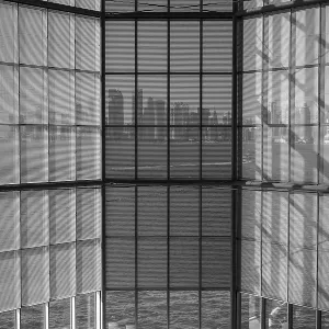 Black and white photo of glass windows reflecting a distant cityscape