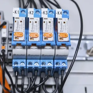Four blue relays connected in series