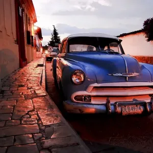 Blue vintage car at night in San Cristobal de las Casas Blue vintage car at night in San Cristobal de las Casas